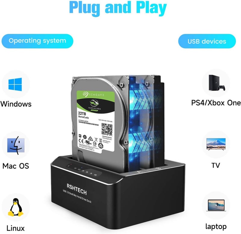 Rshtech Hard Drive Docking Station Aluminum USB-C/USB 3.0 to SATA Dual Bay Hard Drive Dock for 2.5 or 3.5 inch HDD SSD, with 2-in-1 USB Cable, Support Offline Clone, UASP and 2x22TB, RSH-DS01C - Image 5